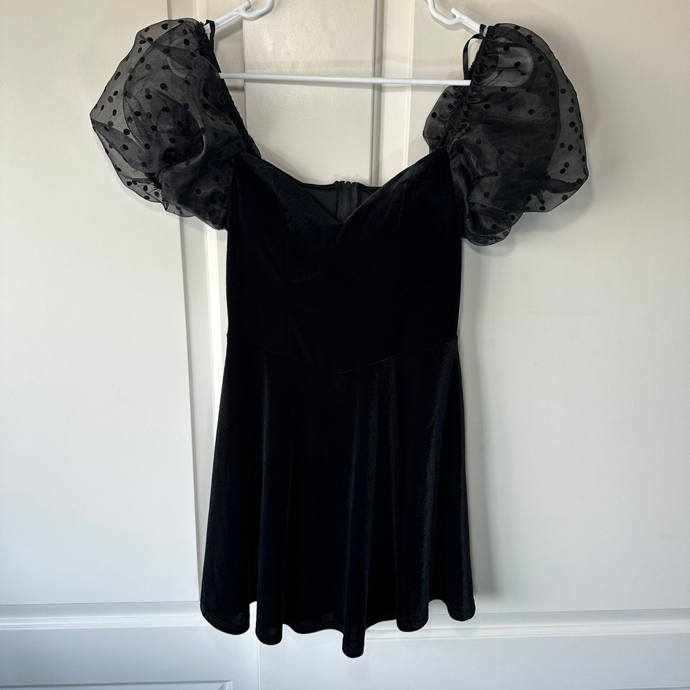 B. Darlin Velvet Mini Dress Skater Polka Dot Puff Sleeve Party Cocktail‎ Black S